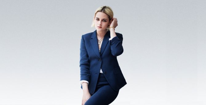 Kristen Stewart, beautiful, blonde, blue suit, celebrity wallpaper