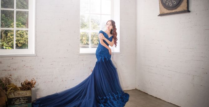 Asian woman, girl, model, blue dress wallpaper