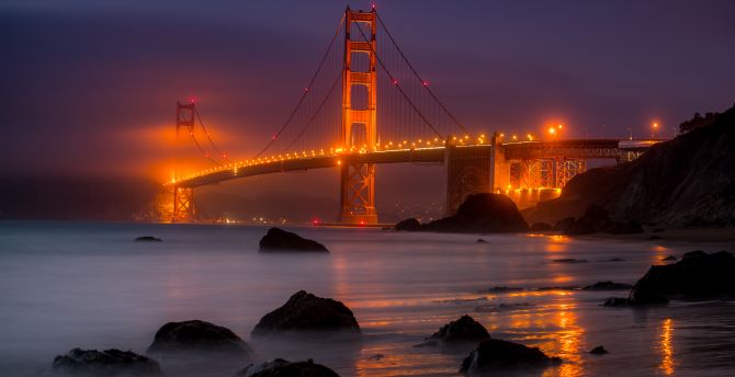 Golden Gate Bridge, San Francisco, yellow lights, night wallpaper