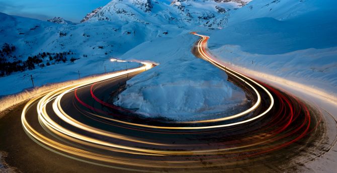 Winter, road turn, long exposure, snow, glacier wallpaper