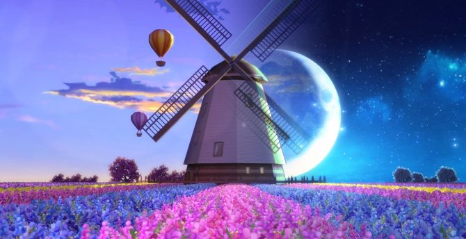 Windmill, landscape, artwork wallpaper