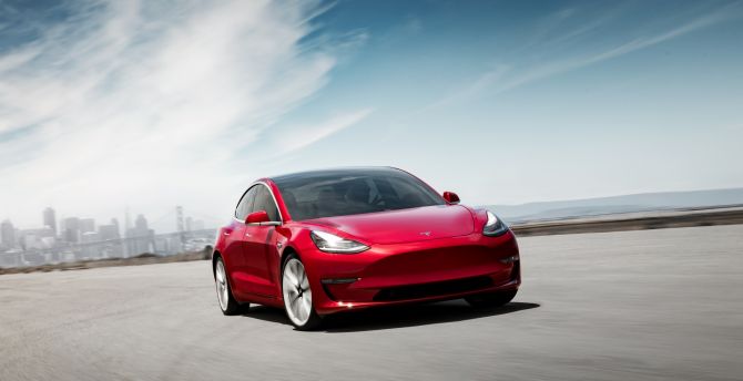 Tesla Model 3, on-road, red wallpaper