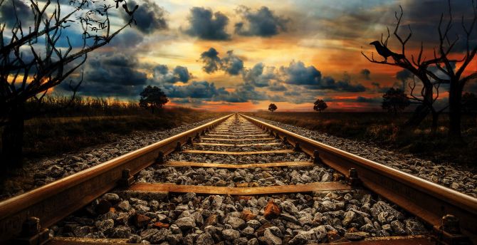 Railway line, railroad, stones, sunset, clouds wallpaper
