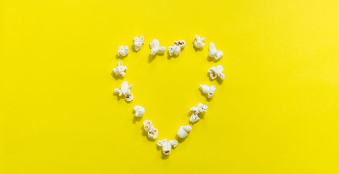 Popcorn, heart shape, yellow background, minimal wallpaper