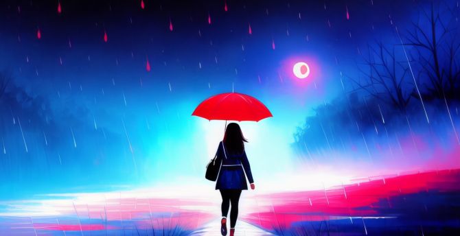 Walk-in rail, a girl with red umbrella, digital art wallpaper