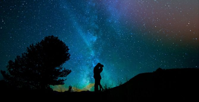 Couple, romantic night, silhouette, starry sky wallpaper