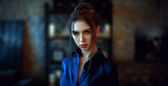 Portrait, woman, blue shirt, brunette, blur wallpaper