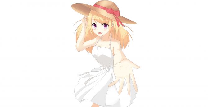 Cute, anime girl, blonde, hat, summer wallpaper