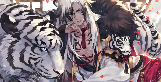 Tiger and warrior, anime boy, original wallpaper