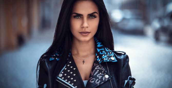 Leather jacket, beautiful, girl model, brunette wallpaper