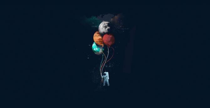 Astronaut, balloons, space, minimal, art wallpaper