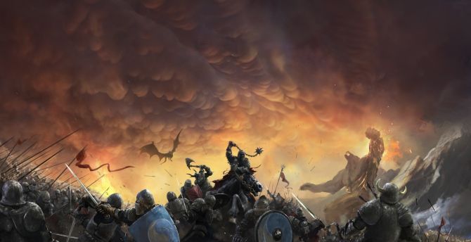 Dark, clouds, warrior, battle, fantasy, art wallpaper