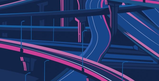 Roads and bridge, city, digital art wallpaper