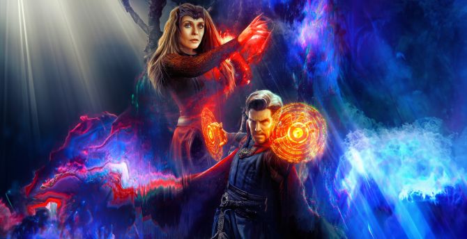 Doctor Strange and Scarlet Witch, Sorcerous alliance, superhero wallpaper
