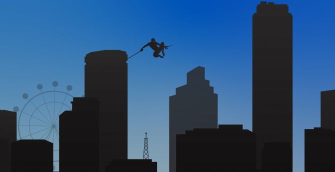 Spiderman, swing in city, minimal wallpaper