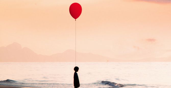Kid with red ballon, at seashore, art wallpaper