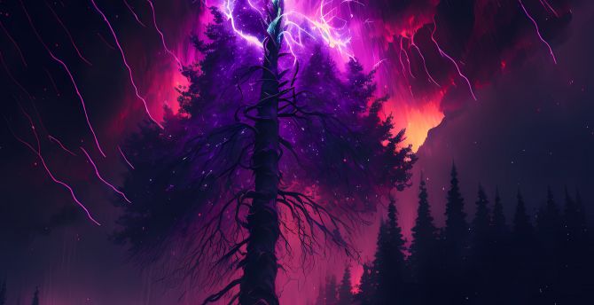 Burning tree, clouds, storms, lightings, art wallpaper