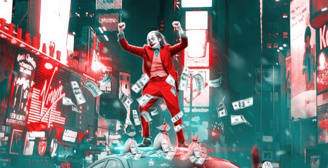 Joker dancing on the police car, looted money, movie art wallpaper
