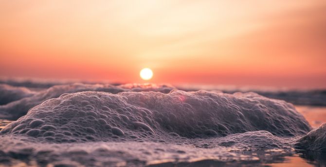 Sunrise, dawn, sea waves, close up, foam wallpaper
