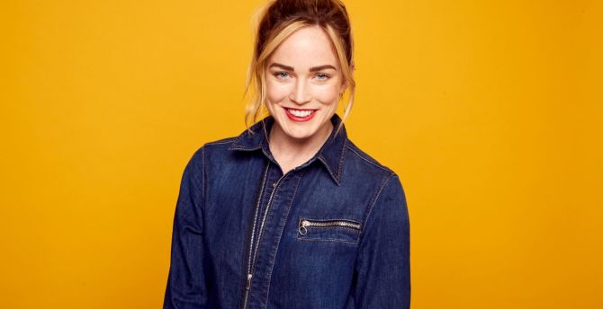 Red lips, Caity Lotz, smile, Jeans shirt wallpaper