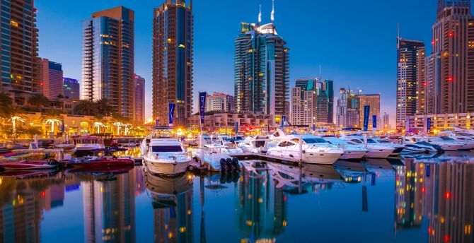 Dubai, buildings, cityscape, boats, harbor, reflections wallpaper