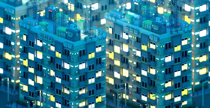Blue buildings, modern city, digital art wallpaper