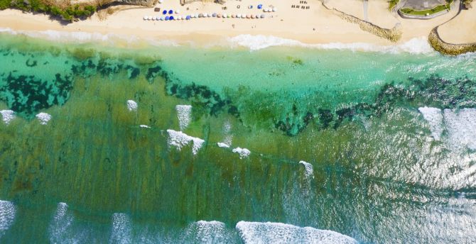 Sea waves, aerial view, green sea, summer wallpaper