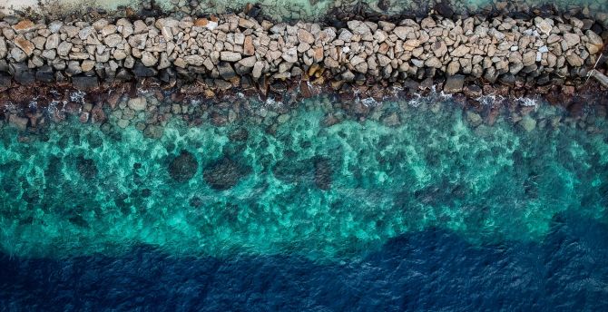 Blue green water, aerial view, rocks, coast wallpaper