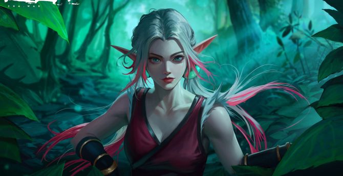 Beautiful elf girl, white-pink hair, fantasy wallpaper