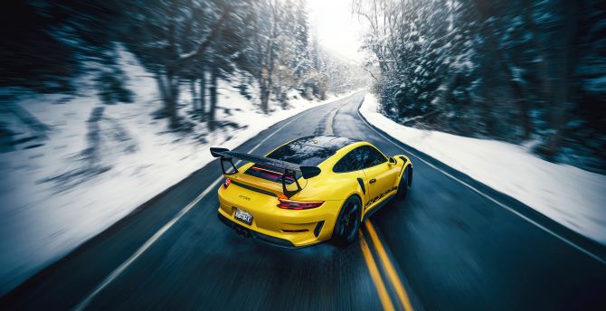 Porsche GT3RS, yellow sports car, on-road, 2021 wallpaper