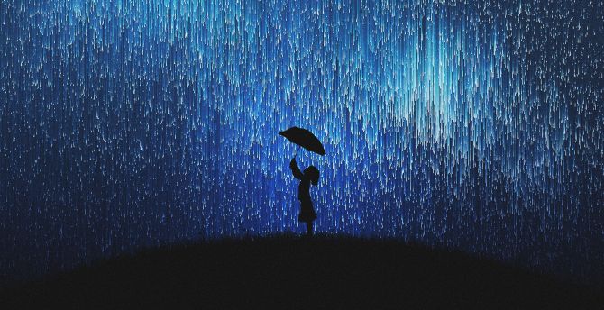 A person walking in the rain with an umbrella wallpaper
