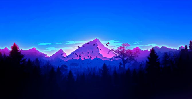 Mountain, peaks, birds, horizon, digital art wallpaper