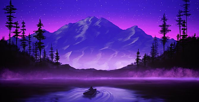 Boating in night, mountain, lake, beautiful & calm wallpaper