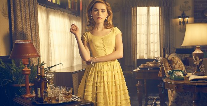 Yellow dress, Kiernan Shipka, blonde wallpaper