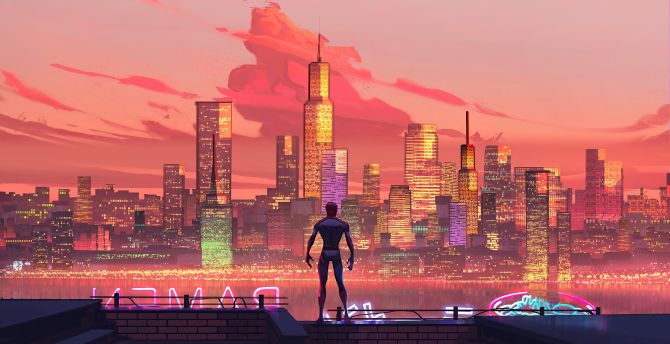 Spiderman, NY cityscape, sunset wallpaper