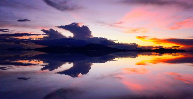 Clouds, lake and sky, sunset, reflections, dark wallpaper