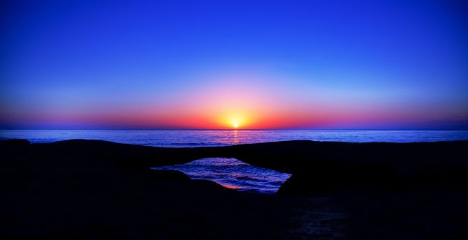 Sunset, blue, skyline, horizon, coast wallpaper