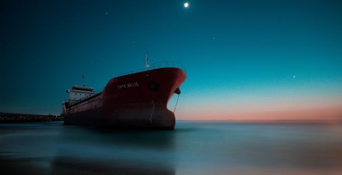 Ship at coast, sea, sunset, reflection wallpaper