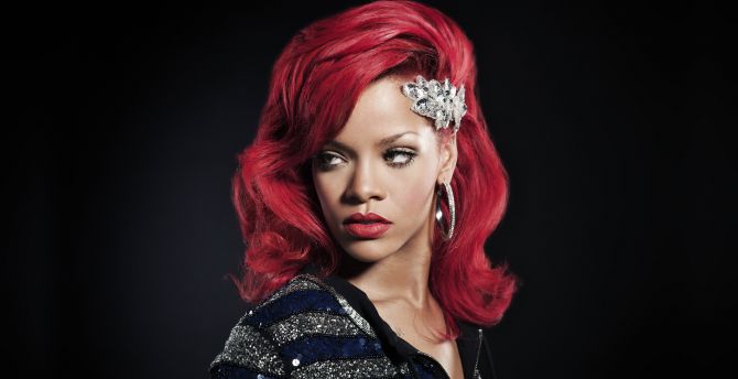 Rihanna, colored hair, red wallpaper