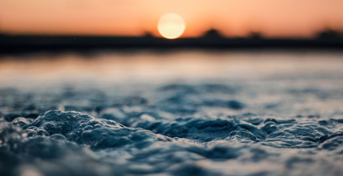 Body of water, sea waves, foam, close up, sunset wallpaper