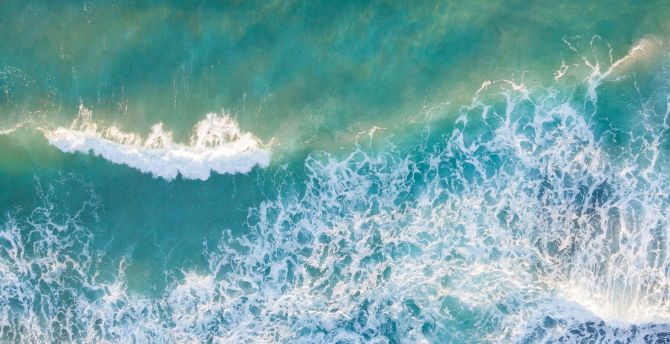Coast, rocks, blue-green sea, sea waves, drone shot, nature wallpaper