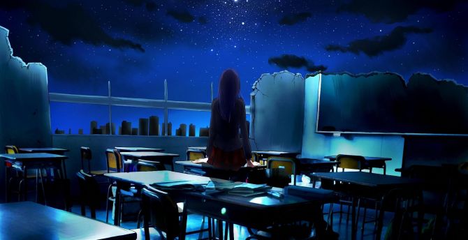 Desktop Wallpaper Open Classroom Anime Girl Night Original Hd Image Picture Background E272cc