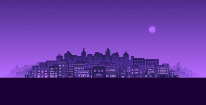 Purple moon, stars night, buildings, cityscape, minimal wallpaper