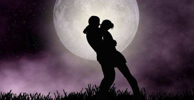 Moon, romantic night, couple, silhouette, art wallpaper