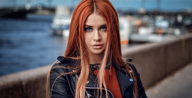 Redhead, leather jacket, girl, model, stare wallpaper