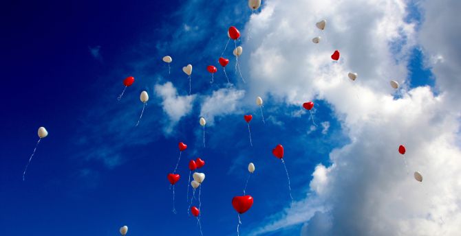 Balloons, sky, red and white, clouds wallpaper