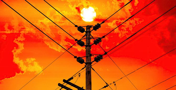 Electric wires, pole, sunset wallpaper