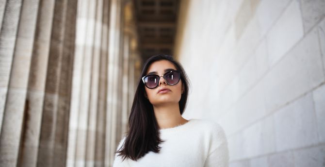 Sunglasses, girl model, white dress wallpaper
