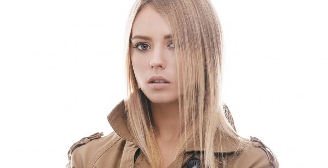 Blonde, hair on face, girl model, coat wallpaper