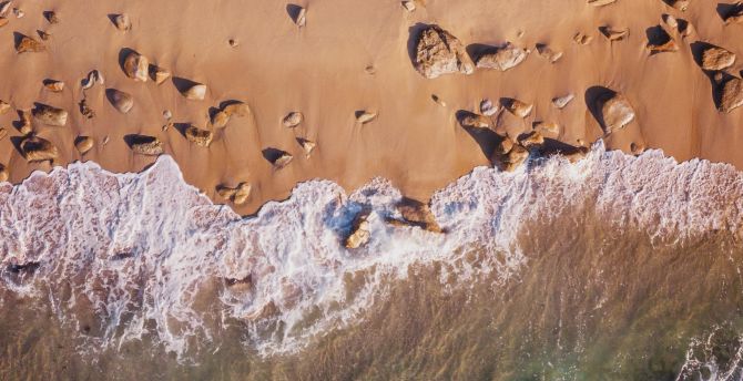 Desktop wallpaper drone view, beautiful beach, sea waves, hd image